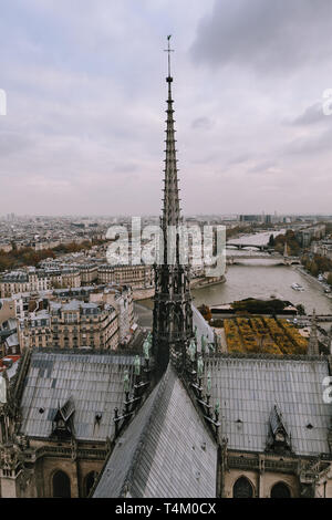 Vue verticale de Notre-dame cathédrales Spire et roof Banque D'Images