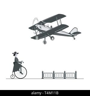 Un avion d'époque et une fille sur un vieux vélo. Illustration de Vecteur