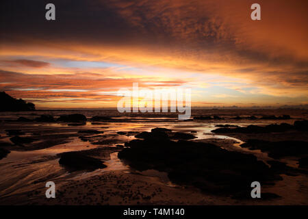 Ciel avec des nuages suspendus et les boues humides durant la marée basse couverte de jaune et rouge, la lumière vive pendant le coucher du soleil on tropical island Ko Lanta, Th Banque D'Images