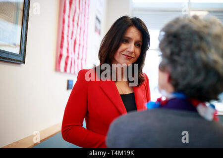 Candidat démocrate à la présidence des États-Unis d'Hawaii, Tulsi Gabbard vu parler aux anciens combattants pendant la campagne rally. Plus d'une douzaine de candidats du Parti démocratique font campagne dans l'état de l'Iowa pour gagner l'Iowa Caucus démocratique Le 3 février 2020. Le caucus de l'Iowa fait partie d'une série d'élections primaires aux États-Unis qui aidera le Parti démocratique de décider le candidat qui sera l'adversaire du Président des Etats-Unis, et leader de facto du parti républicain, Donald J. Trump. Les États-Unis ont deux partis politiques dominants qui font concurrence pour poe Banque D'Images