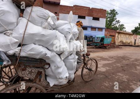 Cycle rickshaw indien transportant des poids lourds, de l'Uttar Pradesh, Inde Banque D'Images