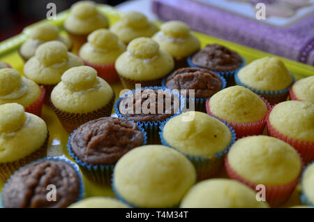 Un bac plein de petits gâteaux. Une rangée de chocolat blanc central, et d'autre avec et sans la couverture hat. Arrière-plan flou. Banque D'Images