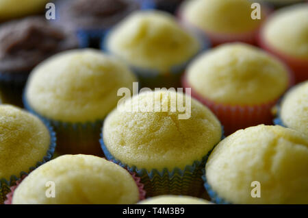 Un bac plein de petits gâteaux. Une rangée de chocolat blanc central, et d'autre avec et sans la couverture hat. Arrière-plan flou. Banque D'Images