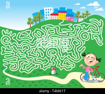 Dans l'illustration vectorielle, un puzzle avec une fille sur un vélo qui doit trouver un chemin dans un labyrinthe Illustration de Vecteur