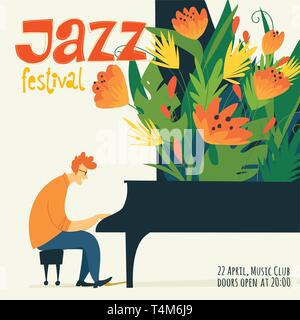 Affiche jazz vecteur avec un musicien jouant du piano. Illustration de Vecteur