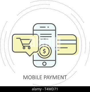 Paiement mobile en ligne avec carte de crédit icône - smartphone, panier et une carte de crédit Illustration de Vecteur