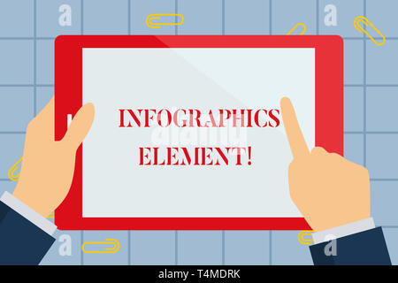 Signe de l'élément de texte montrant des infographies. Photo d'image visuelle du texte utilisé pour représenter des informations ou données Hand Holding faisant toucher Re vierge Banque D'Images