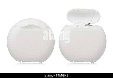 Fil dentaire cas plastique isolé fermée et ouverte Banque D'Images