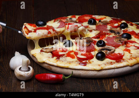 Pizza chaude avec fromage de fusion sur lifter Banque D'Images