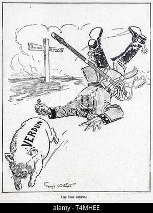 Une prise Difficile, WW1 caricature par l'illustrateur George Whitelaes allemand montrant l'empereur Guillaume II La chasse au porc de bataille de Verdun Banque D'Images