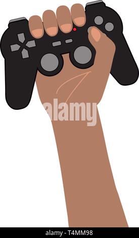 Bras noir tenant dans un jeux vidéo haut noir contrôleur isolé sur blanc. Concept de joueur de la victoire. Gamepad avec le feu rouge, boutons et manettes. Illustration de Vecteur