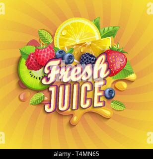 Logo de jus frais avec splash, fruits et baies. Illustration de Vecteur