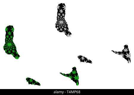 Comores - Carte feuille de cannabis est vert et noir, Union des Comores (Grande Comore, Mohéli, Anjouan) carte de marijuana, THC) Illustration de Vecteur