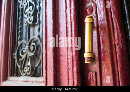 Close up d'une vieille belle porte avec de faux éléments floraux d'origine et sa poignée. Banque D'Images