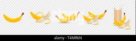 Ensemble de vecteur 3d illustration réaliste les bananes. La moitié de la banane banane, pelée, jus de banane isolé sur fond transparent, icône de la banane Illustration de Vecteur