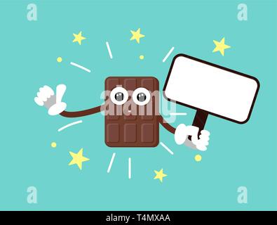 Funny chocolat avec les yeux et les mains dans les gants. Montre pouce vers le haut et est titulaire d'un panneau en bois avec texte en blanc pour les blancs. Fond bleu et étoiles jaunes. Illustration de Vecteur