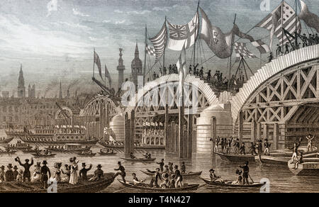 New London Bridge, avec le Maire de Londres, le cortège de 1827, illustration par Th. H. Shepherd Banque D'Images