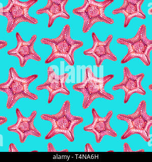Modèle sans couture avec étoile de mer. Étoile de mer est dessiné à la main avec des crayons de couleur. Étoile de mer rose isolé sur un fond bleu-vert. Concept de mer en été. Banque D'Images