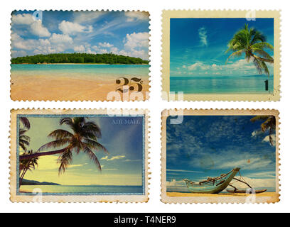 Les timbres vintage de palmiers tropicaux et de l'île Banque D'Images