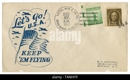 Historique nous enveloppe : couvrir avec cachet patriotique Let's go U.S.A. Keep 'em battant et deux timbres-poste de la défense, Nathan Hale, l'annulation, 1941 Banque D'Images