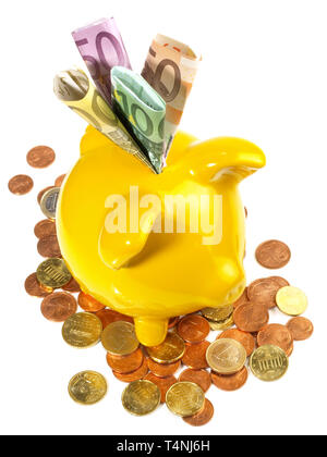 Tirelire jaune sur fond blanc Banque D'Images