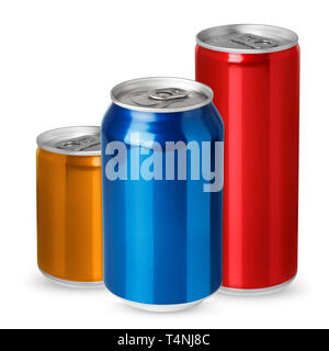 Trois boîtes en aluminium isolé sur fond blanc Banque D'Images