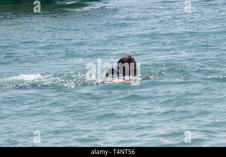 CANNES, FRANCE. 14 mai 2004 : JACK BLACK dans la mer après un trajet sur un requin gonflable autour de la baie de Cannes pour promouvoir son nouveau film de requins au Festival de Cannes, Cannes, France. Banque D'Images