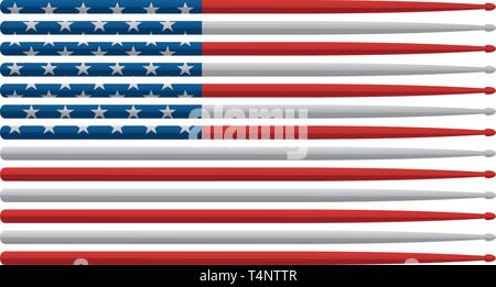 Batteur américain baguettes avec drapeau rouge, blanc et blue stars and stripes drum sticks isolated vector illustration Illustration de Vecteur