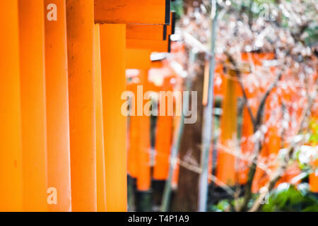 Portes Orange et des objets au Sanctuaire Fushimi Inari-Taisha culte à Kyoto, Japon Banque D'Images