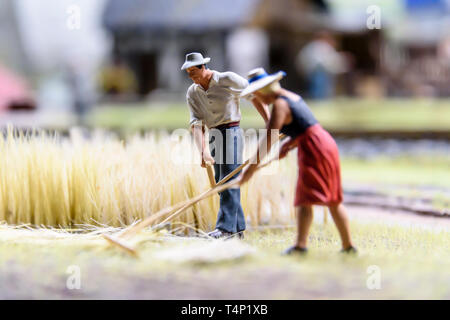 Modèle miniature de la récolte du blé, les agriculteurs à Kolejkowo, Wroclaw, Wroclaw, Wroklaw, Pologne Banque D'Images