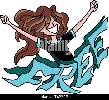 Cartoon femme avec de longs cheveux debout derrière un texte libre avec ses bras grand ouverts, heureux, vector illustration Illustration de Vecteur