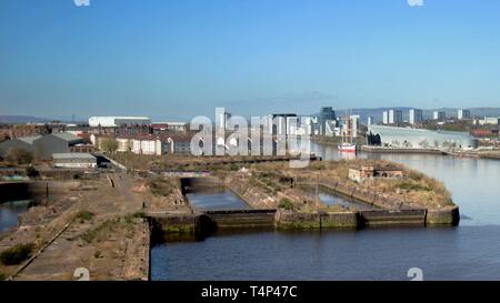 Steven Spielberg, nouveau film de Sam Mendes 1917 tournage en Govan avant de docks et d'une vue panoramique de la ville de Glasgow, Écosse, Royaume-Uni Banque D'Images