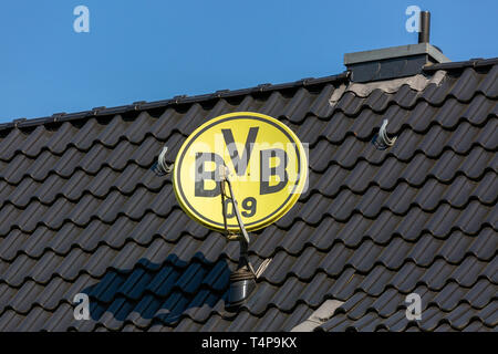 Image symbolique, antenne parabolique dans les couleurs du club et de l'emblème du club avec le club de football allemand BVB Borussia Dortmund 09 sur un toit de maison, antenne de télévision, télévision satellite, sports, football, Bundesliga, football mania, club loyalty, tuiles Banque D'Images