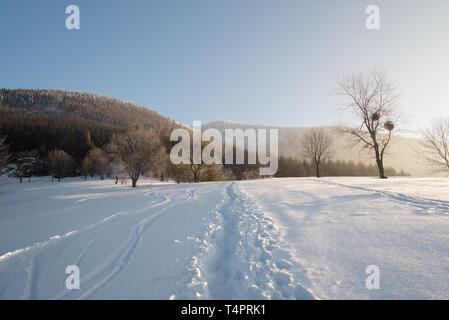 Matin d'hiver gelé sur Butoranka Luksinec avec Lysa hora et hill sur l'arrière-plan dans Moravskoslezske Beskydy hory en République Tchèque Banque D'Images