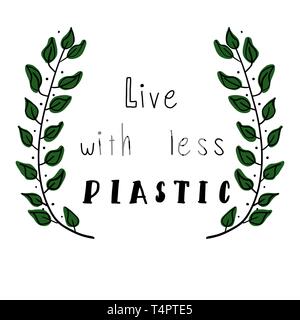 Vivre avec moins de plastique. Pas de plastique concept illustration avec un slogan de la motivation et un sac en plastique avec un triste poisson à l'intérieur. Vector Illustration. Illustration de Vecteur