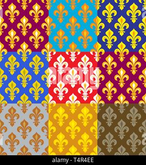 Lys héraldique royale (fleur de lis) -- papier peint couleur riche, textile, tissu motif transparent, lot de 9 versicolored 600x600. Illustration de Vecteur