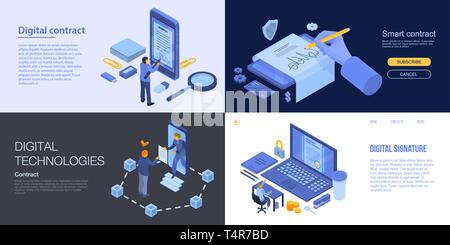 Contrat numérique, bannière style isométrique Illustration de Vecteur