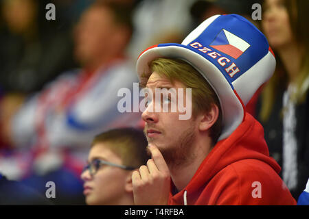 Ventilateur tchèque est perçu au cours de l'Euro Hockey Challenge match République tchèque contre l'Allemagne à Karlovy Vary, République tchèque, le 18 avril 2019. (CTK Photo/Slavomir Kubes) Banque D'Images