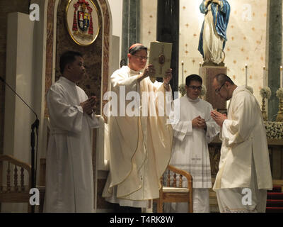 Le Cardinal Archevêque de Manille Luis Antonio Tagle vu la tête d'un sermon au cours de la procession. Lavage des pieds est un droit religieux observé par les catholiques, c'est une forme de commandement de Jésus Christ que nous devrions imiter son humilité d'amour alors que l'archevêque de Manille, le Cardinal Luis Antonio Tagle lave les pieds des douze jeunes pendant le Jeudi Saint au service religieux dans la Cathédrale de Manille Manille. Banque D'Images