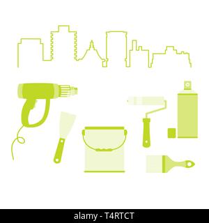 Vector illustration avec paysage urbain et d'outils pour la préparation, la coloration des surfaces. Bâtiment, de la construction et de l'accueil les outils de réparation. Peinture et rep Illustration de Vecteur