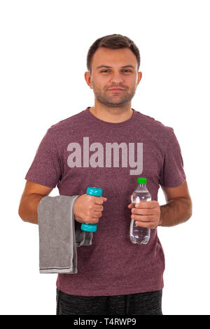 Photo d'un young man holding dumbbell sur fond isolé Banque D'Images