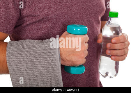 Photo d'un young man holding dumbbell sur fond isolé Banque D'Images