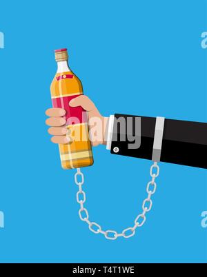 Bouteille de whisky dans la main sur la chaîne. Les enchaînés à la bouteille d'alcool. Notion de dépendance à l'alcool. Vector illustration style de télévision Illustration de Vecteur