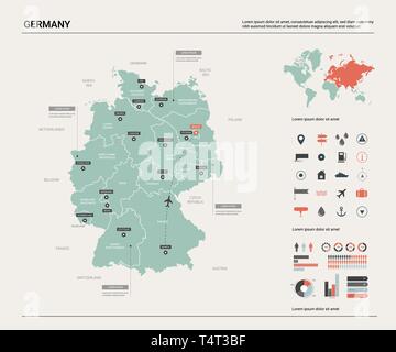 Carte vectorielle de l'Allemagne. Carte pays très détaillés avec division, villes et capitale Berlin. Une carte politique, carte du monde, les éléments de l'infographie. Illustration de Vecteur