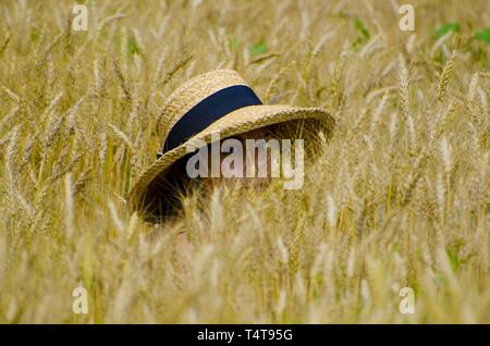 Femme dans le champ de blé avec un chapeau de paille Banque D'Images