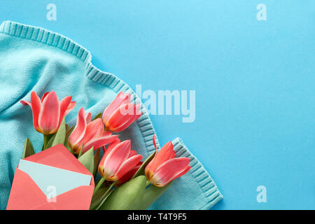 Tulipe rose sur pull en coton de couleur menthe, carte de voeux vierge dans l'enveloppe de couleur corail. Mise à plat sur papier bleu fond avec copie-espace. Banque D'Images