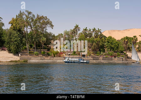 Vue sur les arbres au jardin botanique tropical sur l'île des cuisiniers à Assouan en Egypte du nil Banque D'Images