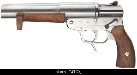 Un signal flare pistol Walther mod. Code SLd, 'ac 43', U-boat arme, cal. 4 (26,65 mm), no. 3605. Les numéros correspondants. Alésages lumineux, longueur 230 mm. Longueur totale 345 mm. Les marques d'acceptation de la marine : Eagle/HK/'M/III/3'. Sélecteur de feu marqués "1" et "r" pour un coup de feu avec fourreau gauche ou droite et "oppelschuss' pour tirer les deux barils en même temps. Toutes les pièces faites de matt-poli Nirosta acier fin. L'avant-bras et noyer panneaux grip. Encore partiellement dans la graisse d'origine. Collectorïs point, n'a pas été en action, dans presque parfait état. Additional-Rights Clearance-Info non utilisés, à-Not-Available Banque D'Images
