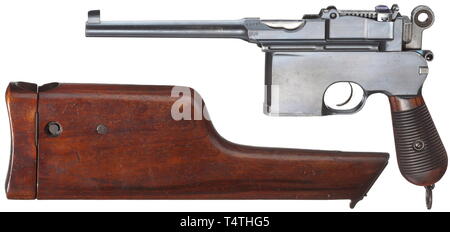 Un Mauser C 96 - Large Bague "Flatside", équipé d'un stock, vers 1901, cal. 7,63, n° 22157. Les numéros correspondants y compris panneaux grip. Lumineux presque l'alésage. Extracteur de long. La preuve : double couronne/'U' Oberndorf et bois. Vue arrière tangent avec encore un développement hâtif 1 - 10. Chambre sur trois lignes société "Waffenfabrik Mauser Oberndorf / / a/N'. Original complet avec peu de bleuissement brossé amovible marques de stock. Légèrement partiellement repéré. Les petites pièces et opérationnelle, trigger bleui jaune. Marteau et gravé de logement, gris de petites parties d'Additional-Rights Clearance-Info-lo,-Not-Available Banque D'Images