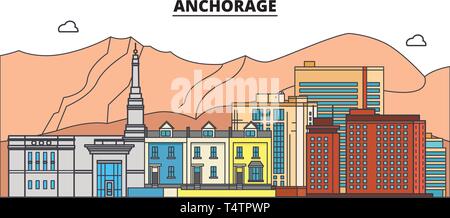 Anchorage , États-Unis, contours travel skyline vector illustration. Illustration de Vecteur